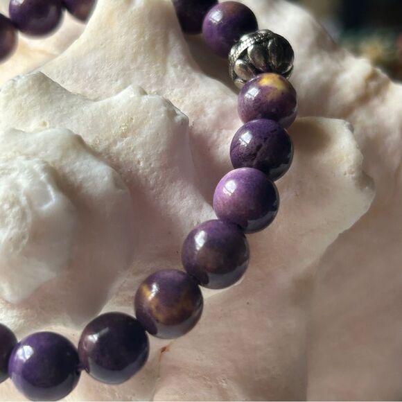 Purple and Yellow Beaded natural stone Bracelets silver 8mm fits 15-17cm wrists - Picture 3 of 5